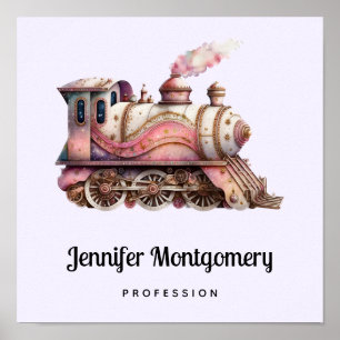 Pink Train Engine Vintage Steampunk Style Business Poster