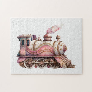 Pink Train Engine Vintage Steampunk Style Jigsaw Puzzle