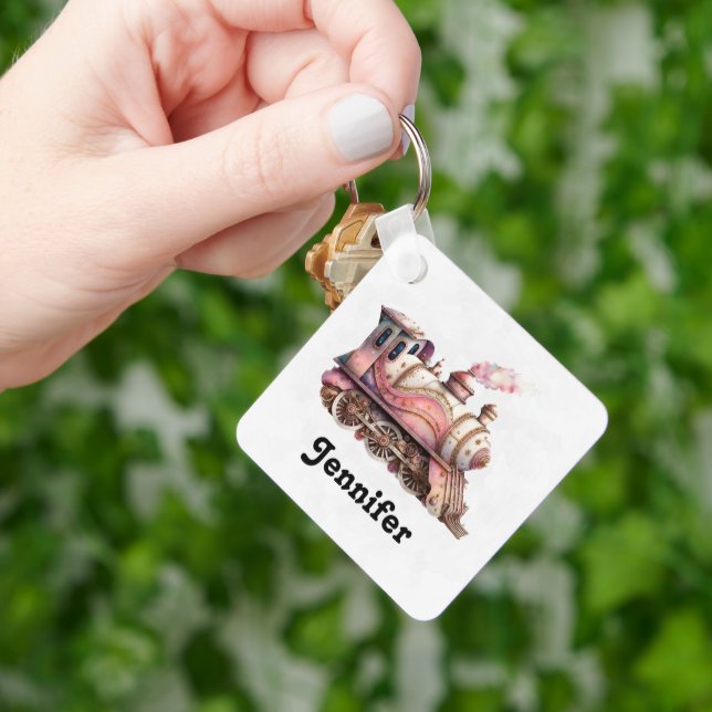 Pink Train Engine Vintage Steampunk Style Key Ring (Hand)