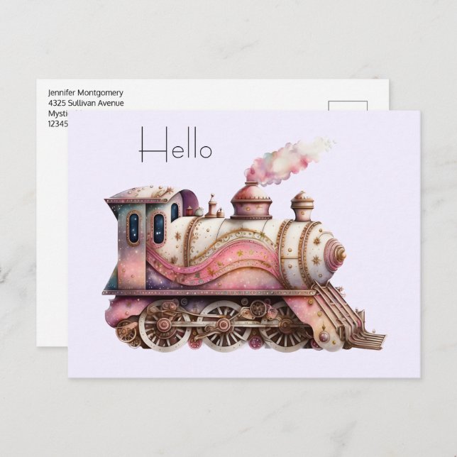 Pink Train Engine Vintage Steampunk Style Postcard (Front/Back)