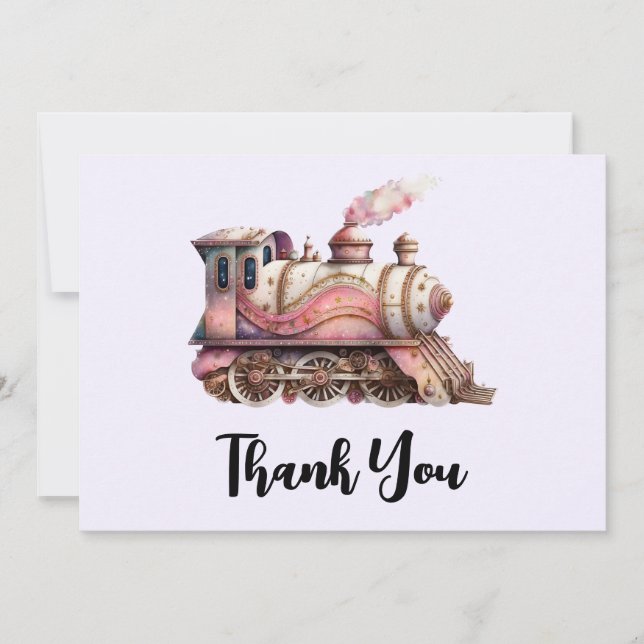 Pink Train Engine Vintage Steampunk Thank You Card (Front)