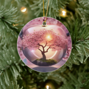 Pink Translucent Apple With Apple Tree Scene, Ceramic Ornament