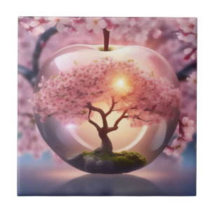 Pink Translucent Apple With Apple Tree Scene, Ceramic Tile