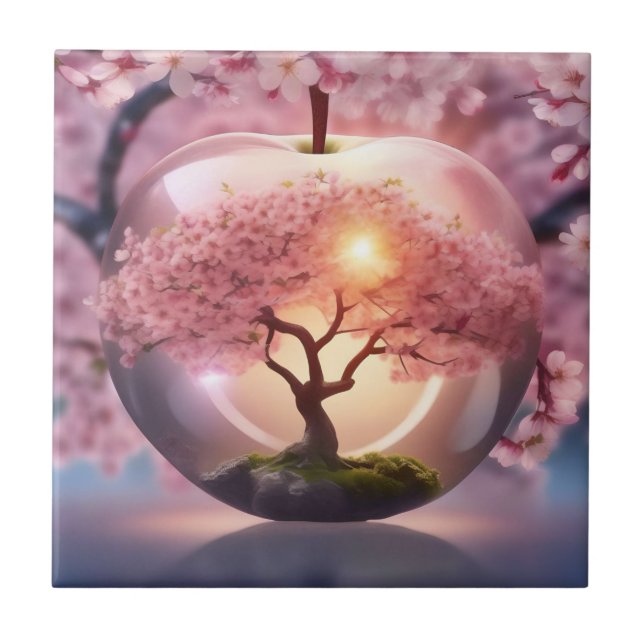 Pink Translucent Apple With Apple Tree Scene, Ceramic Tile (Front)
