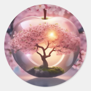 Pink Translucent Apple With Apple Tree Scene, Classic Round Sticker