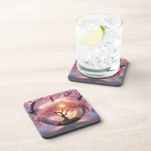 Pink Translucent Apple With Apple Tree Scene, Coaster