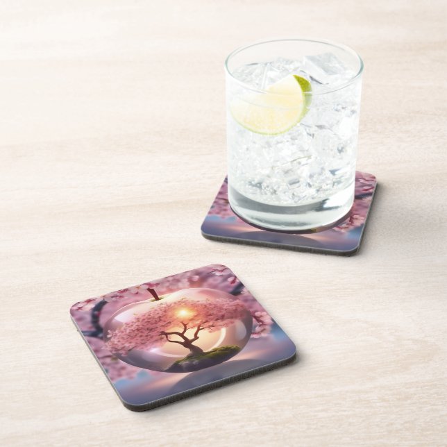 Pink Translucent Apple With Apple Tree Scene, Coaster (Right Side)