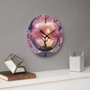 Pink Translucent Apple With Apple Tree Scene, Large Clock