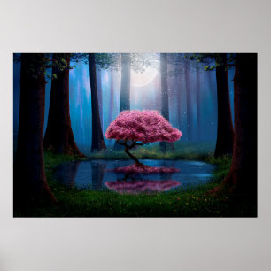 Pink tree and pond in the woods at night poster