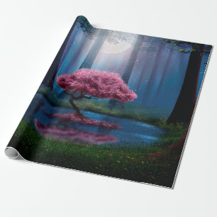 Pink tree and pond in the woods at night wrapping paper