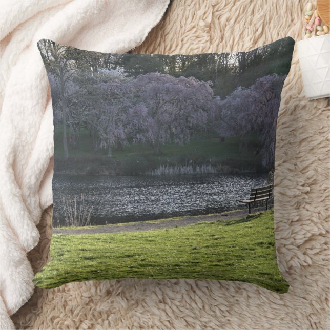 Pink Tree Flowers Bench Seat at Pond 20x20 Cushion (Blanket)