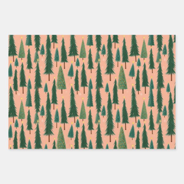 Pink Tree Gift Wrap, Modern Holiday Wrapping Paper (Front)