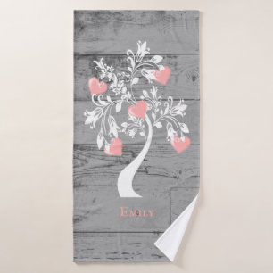 Pink Tree of Hearts Personalised Bath Towel Set