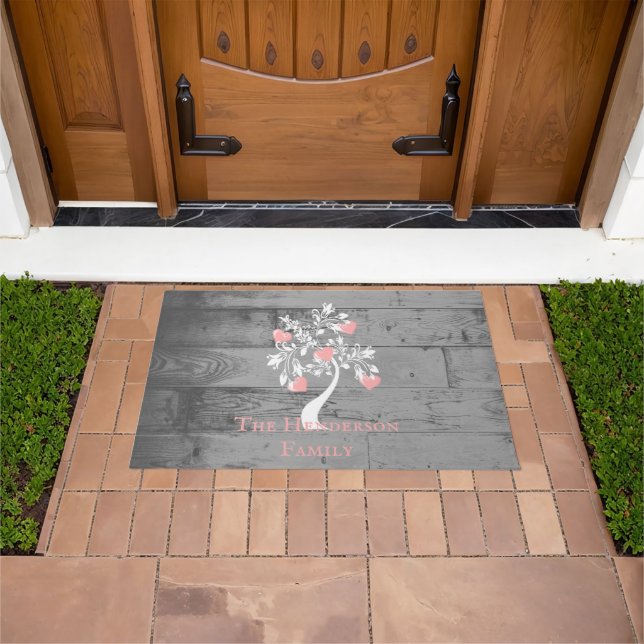 Pink Tree of Hearts Personalised Doormat (Outdoor)