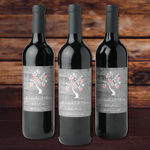 Pink Tree of Hearts Wedding Wine Label
