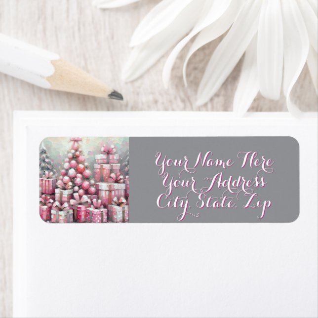 Pink Tree & Presents Personalised Christmas Return Address Label (Insitu)