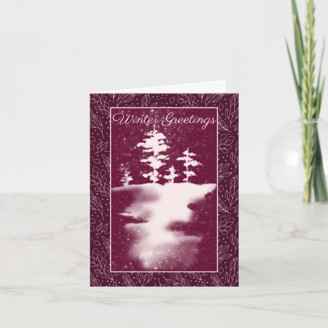 Pink Trees and Snow Winter Scene Holiday Card (Front)