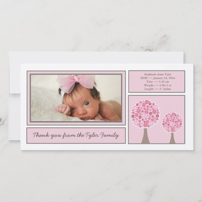 Pink Trees Baby Girl Thank You Photo Card (Front)