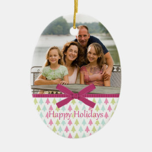 Pink trendy Christmas trees photo oval ornament