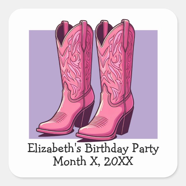 Pink Trendy Cowgirl Boots Girl Birthday Party Square Sticker (Front)