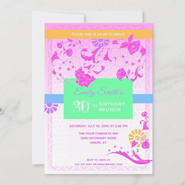 Pink Trendy Peony 30th Birthday Brunch Invitation (Front)