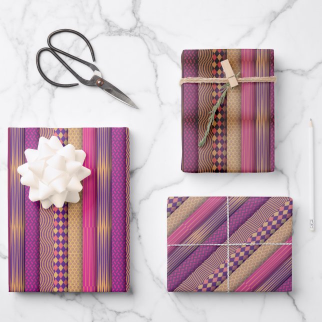Pink Tribal Stripes Geometric Pattern  Bold Ethnic Wrapping Paper Sheet (Front)