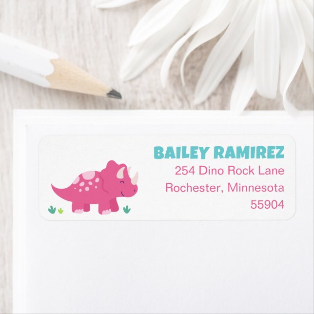 Pink Triceratops Dinosaur Return Address Label (Insitu)