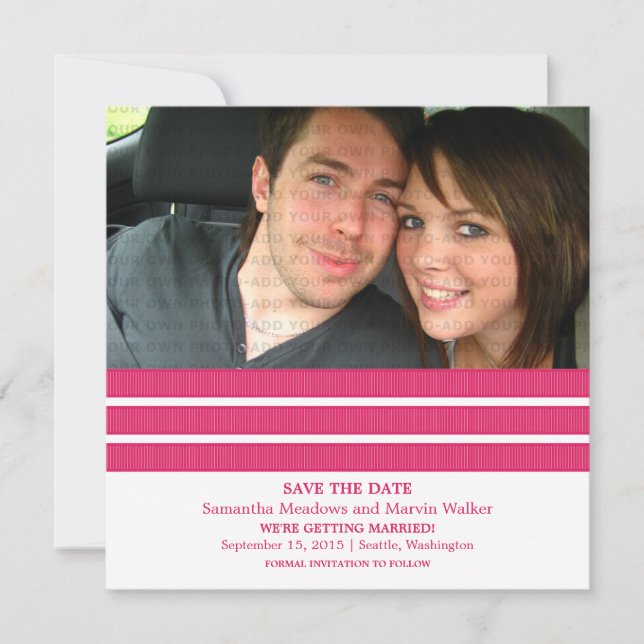 Pink Triple Stripe Photo Save the Date Invite (Front)