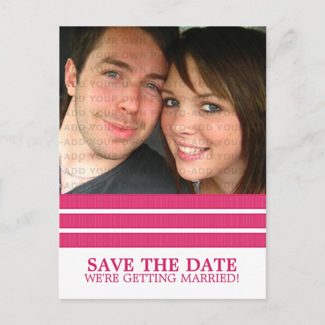 Pink Triple Stripe Save the Date Postcard (Front)