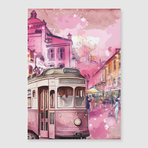 Pink Trolly Car Cityscape Illustration