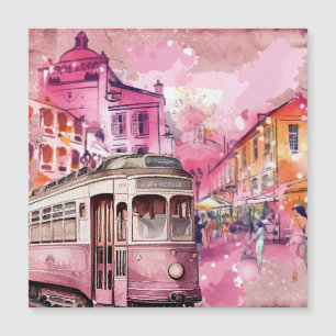 Pink Trolly Car Cityscape Illustration