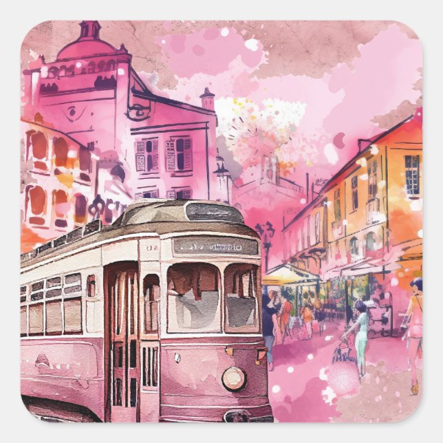 Pink Trolly Car Cityscape Illustration Square Sticker (Front)