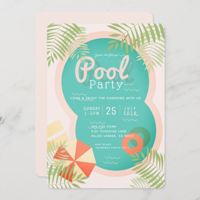 Pink Tropical Adult Pool Party Invitation (Front/Back)