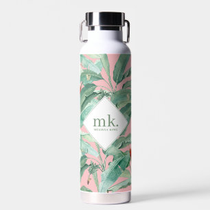 Pink Tropical Banana Leaves Monogrammed Water Bottle