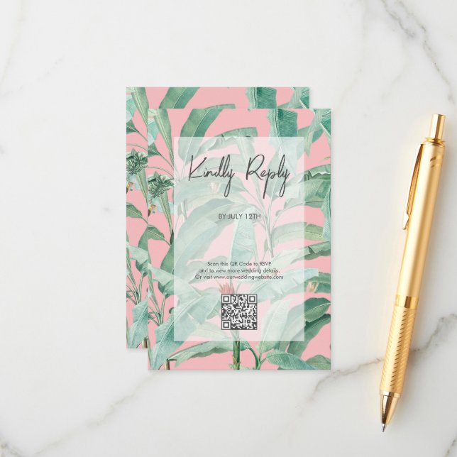 Pink Tropical Banana Palm Leaves Wedding Enclosure Card (Front/Back In Situ)