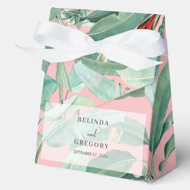 Pink Tropical Banana Palm Leaves Wedding Favour Box (Front)