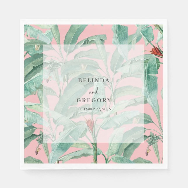 Pink Tropical Banana Palm Leaves Wedding  Napkin (Front)