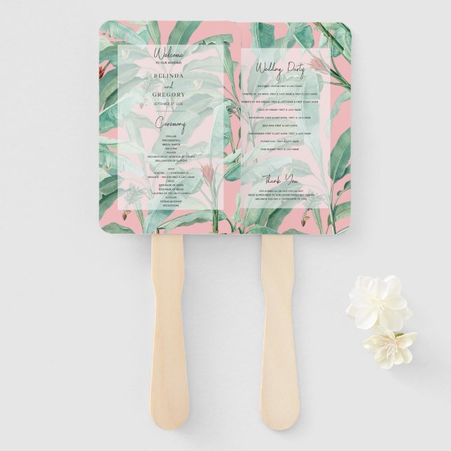 Pink Tropical Banana Palm Leaves Wedding Program Hand Fan (Front and Back)