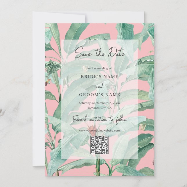 Pink Tropical Banana Palm Leaves Wedding QR Code Save The Date (Front)