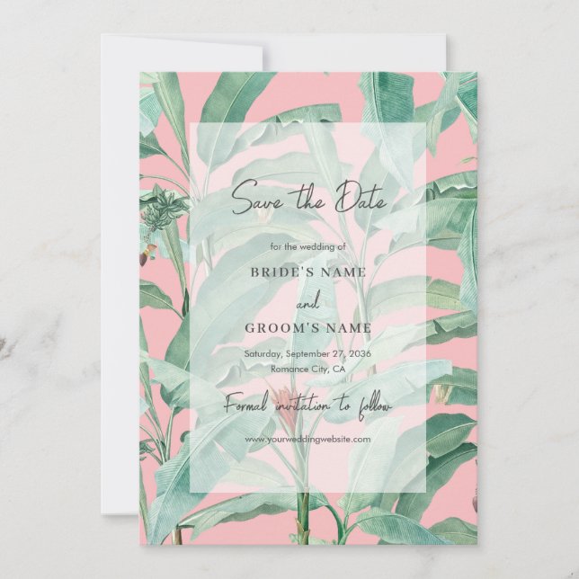 Pink Tropical Banana Palm Leaves Wedding Save The Date (Front)