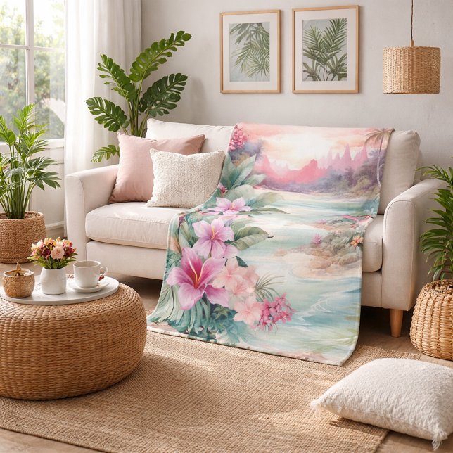Pink Tropical Beach Fleece Blanket (Creator Uploaded)
