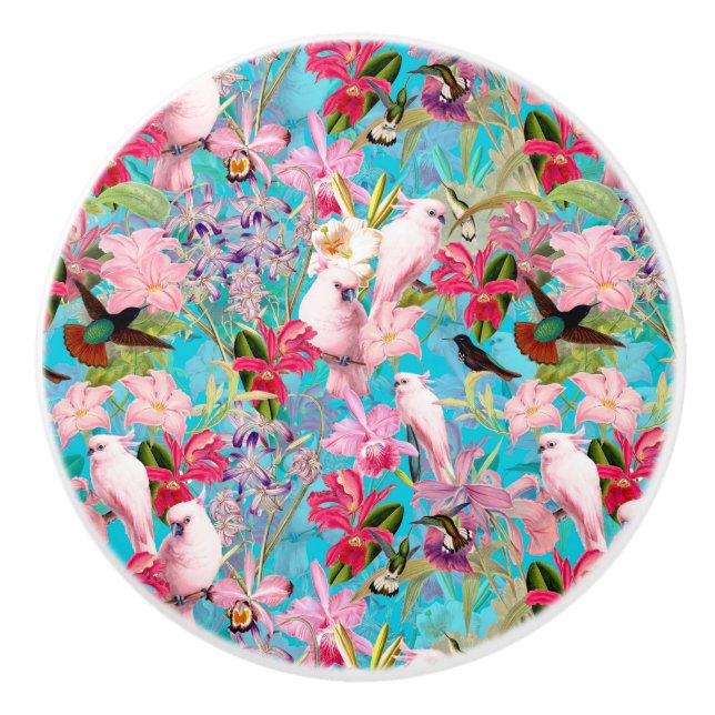 Pink Tropical Bird And Orchid Flower Pattern Ceramic Knob (Front)