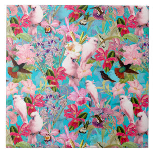 Pink Tropical Bird And Orchid Flower Pattern Ceramic Tile