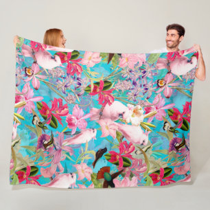 Pink Tropical Bird And Orchid Flower Pattern Fleece Blanket