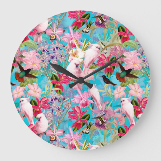 Pink Tropical Bird And Orchid Flower Pattern Large Clock (Front)