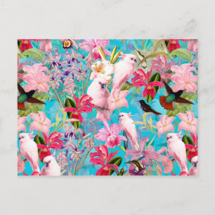 Pink Tropical Bird And Orchid Flower Pattern Postcard
