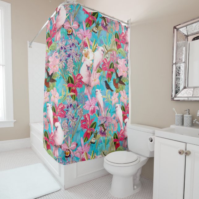 Pink Tropical Bird And Orchid Flower Pattern Shower Curtain (In Situ)