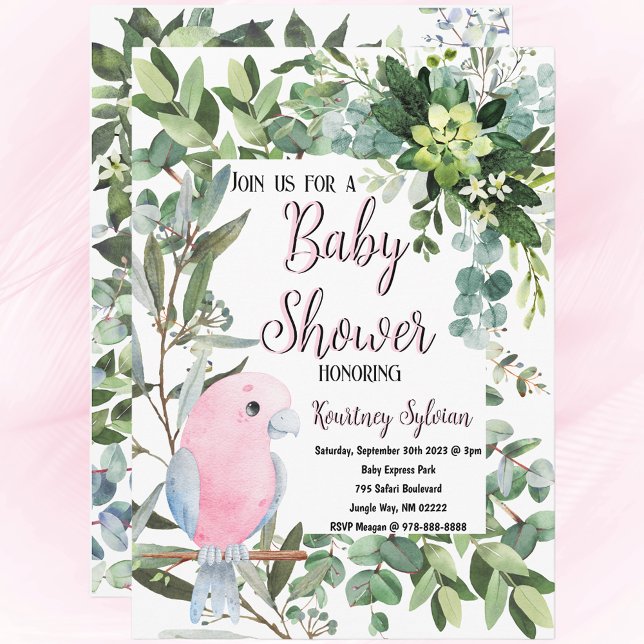 Pink Tropical Bird Watercolor Baby Shower Invitation (Tropical dream come true baby shower)