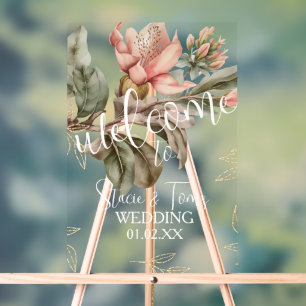 Pink Tropical Botanical Florals Gold Wedding Acrylic Sign