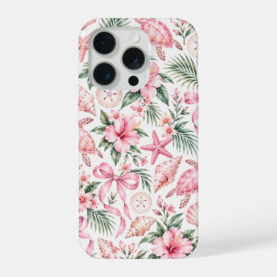 Pink Tropical Coquette Sea Turtle & Hibiscus Flora iPhone 15 Pro Case